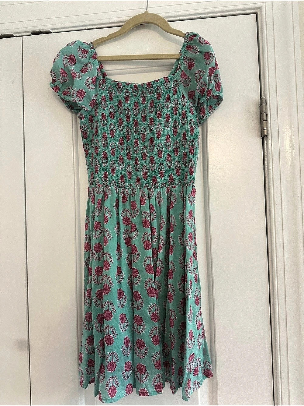 Crewcuts Girls Smocked Block-Print Dress Midi Dress Green & Pink Size 14